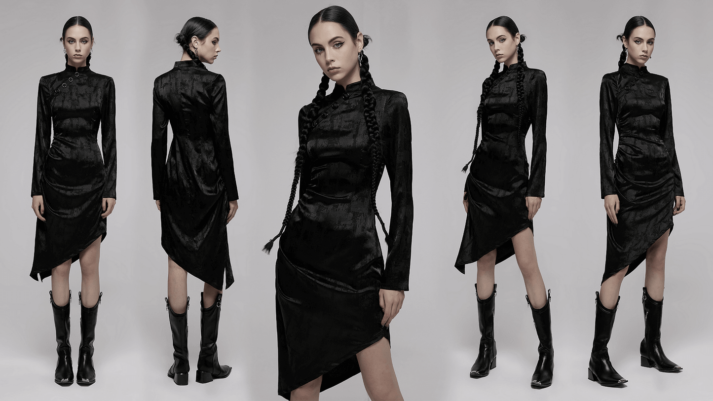 Punk Rave Gothic Cheongsam Dress with Pointed Hem Long Sleeves