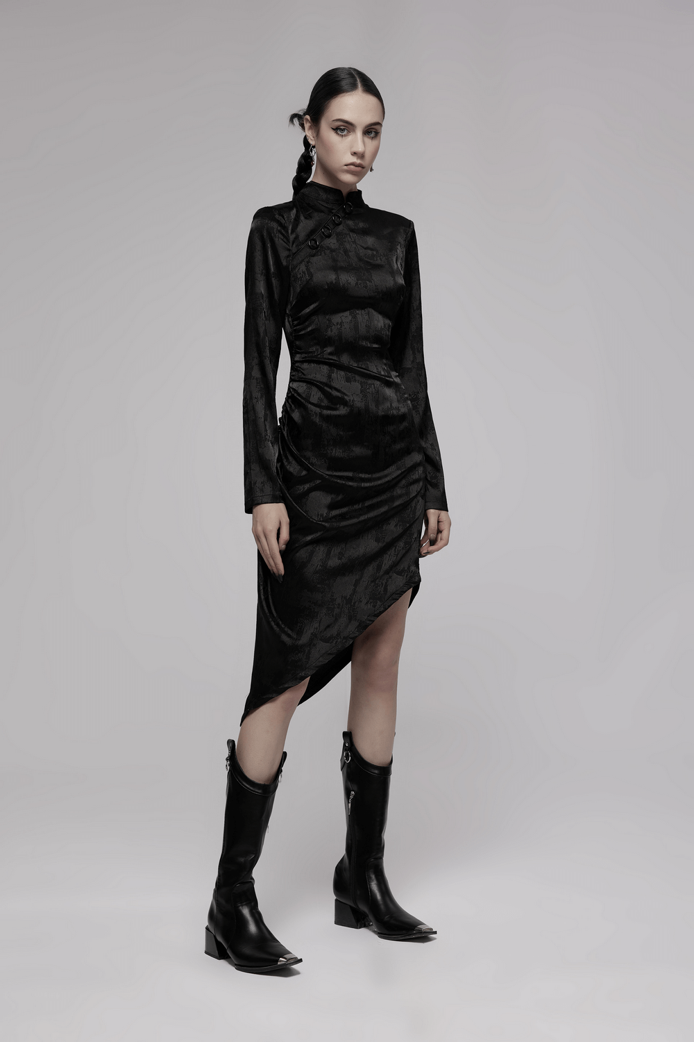 Punk Rave Gothic Cheongsam Dress with Pointed Hem Long Sleeves