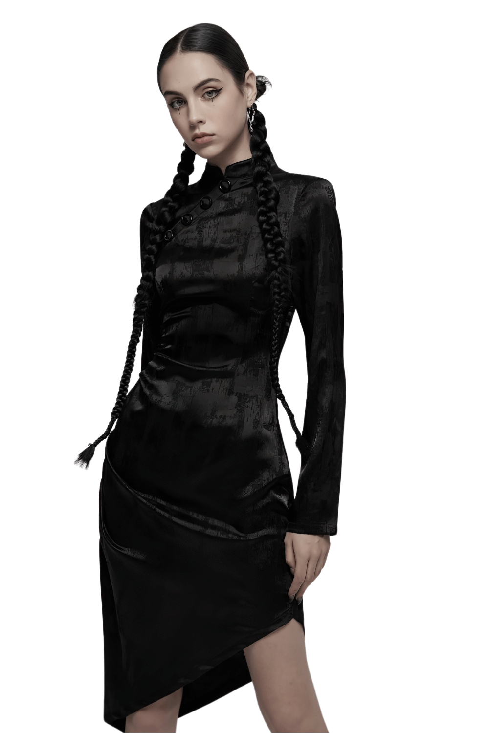 Punk Rave Gothic Cheongsam Dress with Pointed Hem Long Sleeves