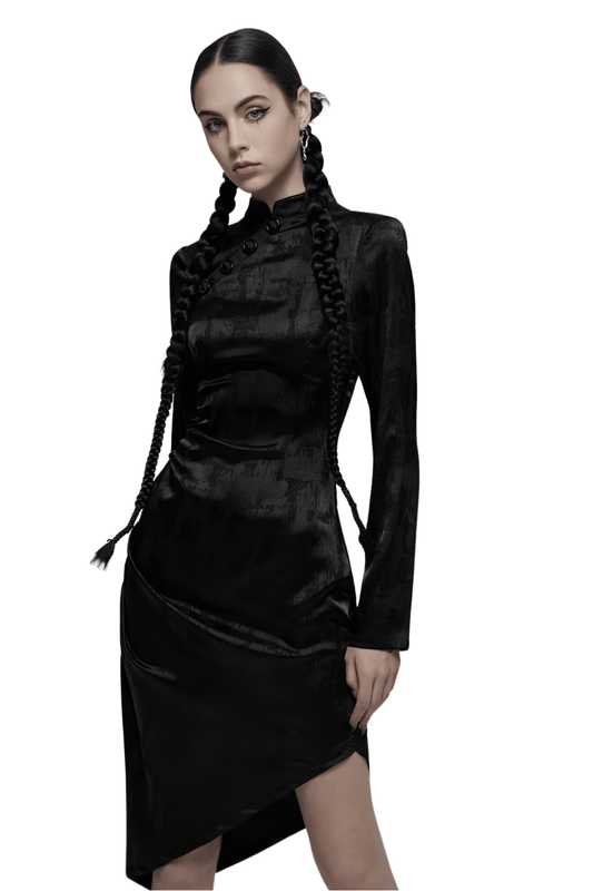 Punk Rave Gothic Cheongsam Dress with Pointed Hem Long Sleeves