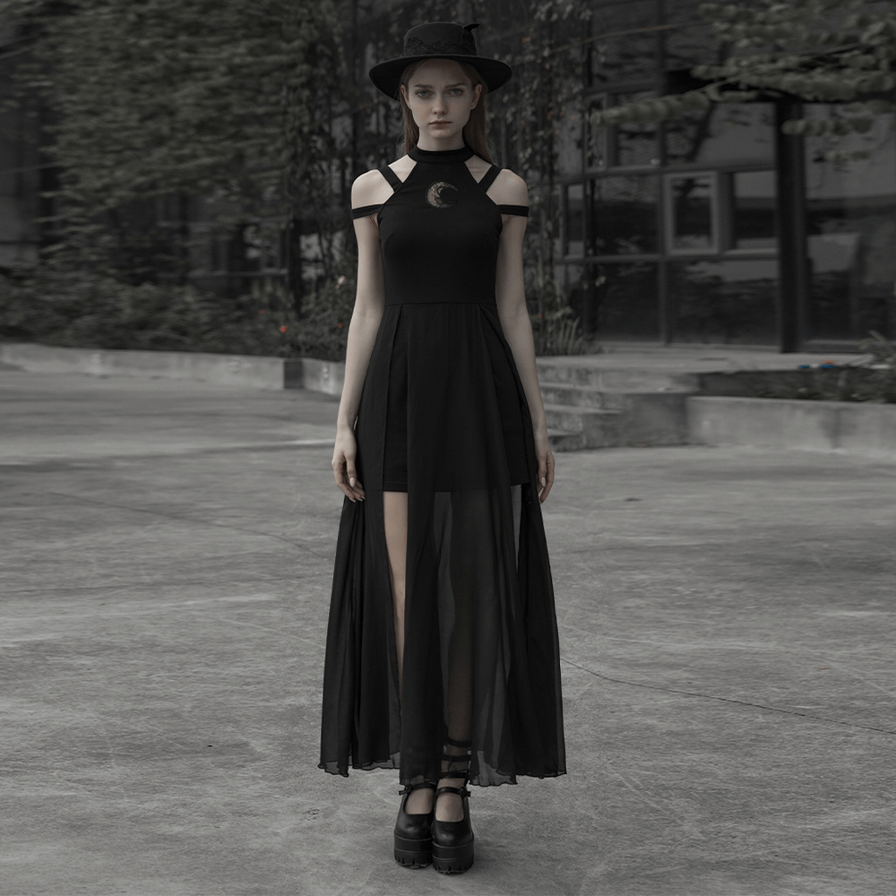 Punk Rave Gothic Crescent Moon Embroidered Lace Dress