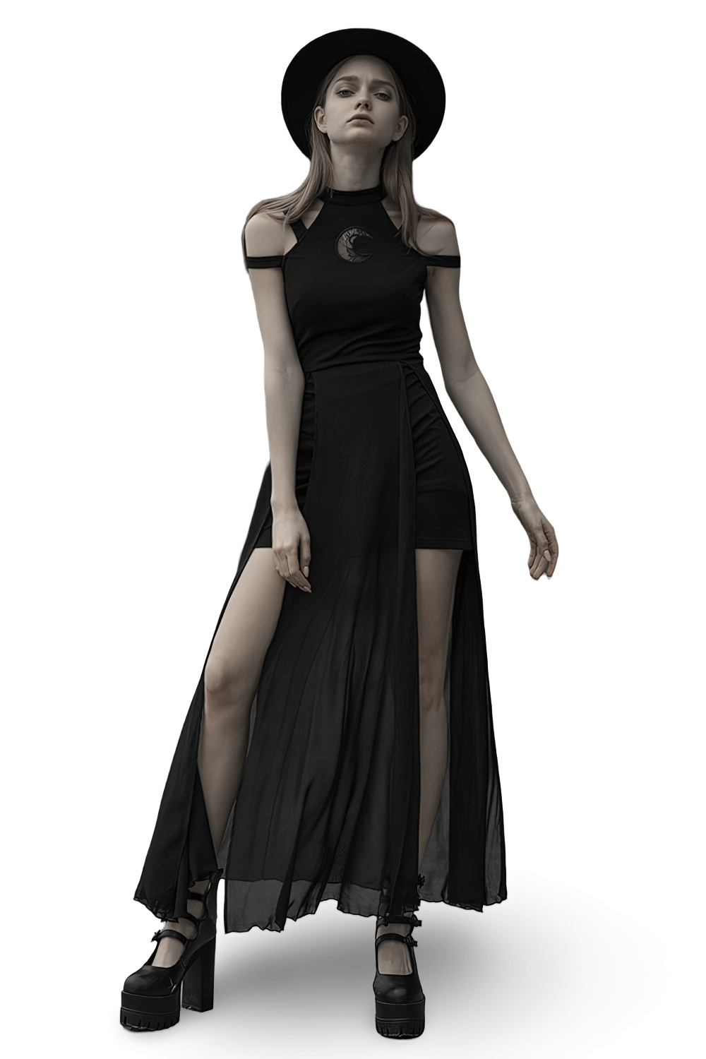 Punk Rave Gothic Crescent Moon Embroidered Lace Dress