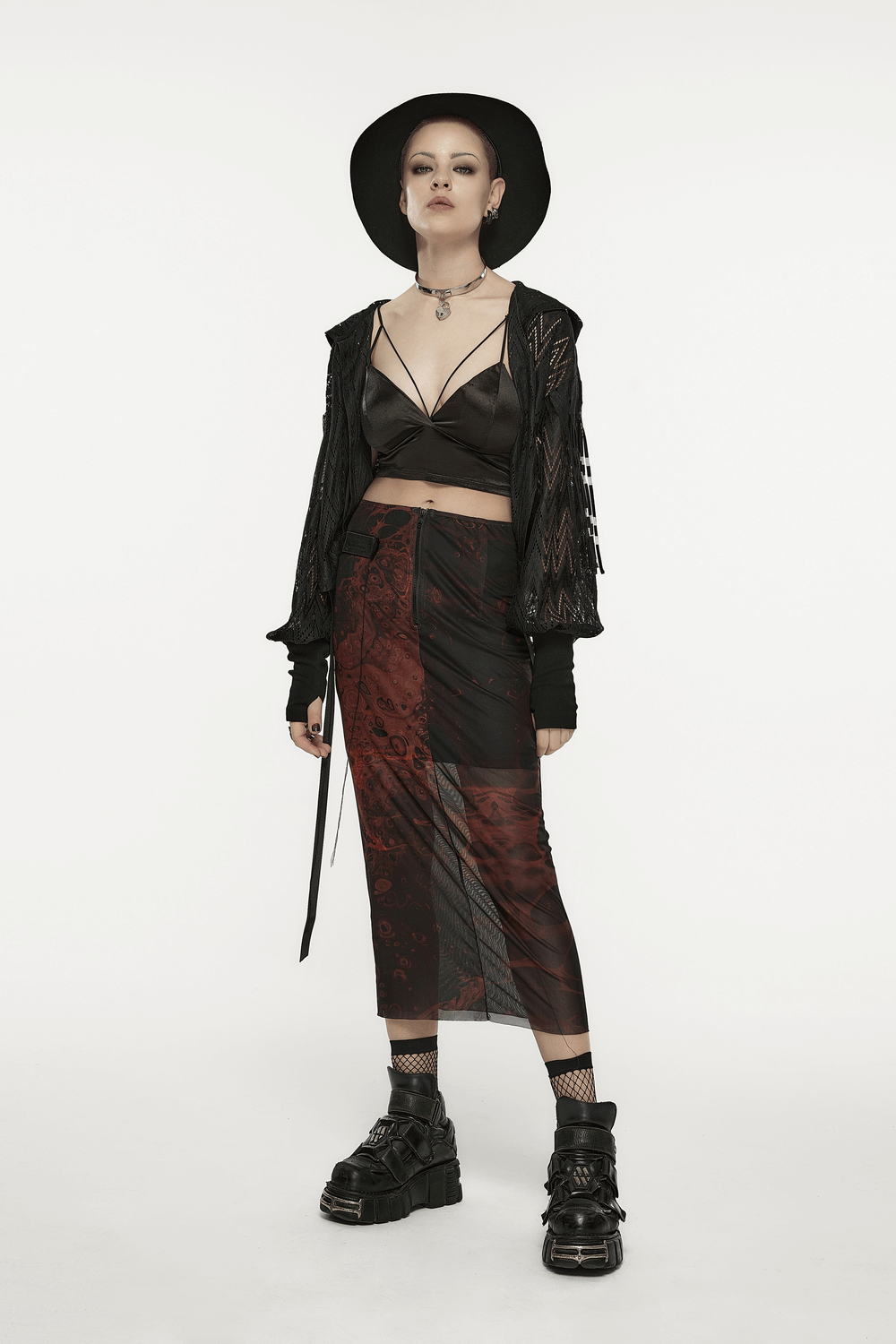 Punk Rave Gothic Lava Skirt - Irregular Printed Gauze Midi