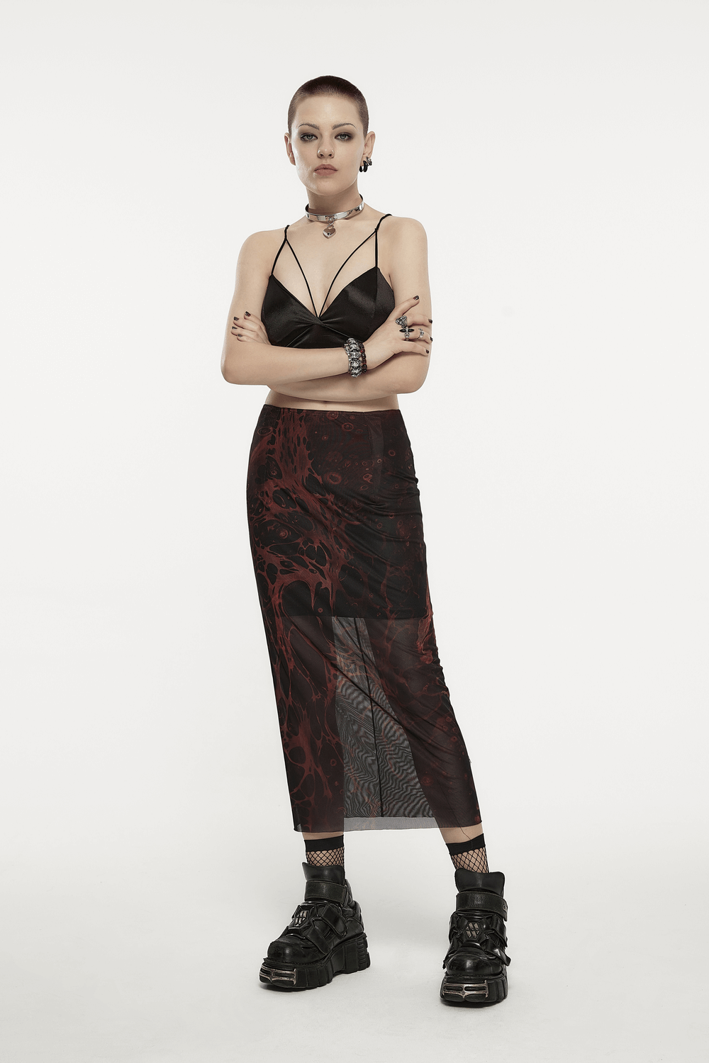 Punk Rave Gothic Lava Skirt - Irregular Printed Gauze Midi