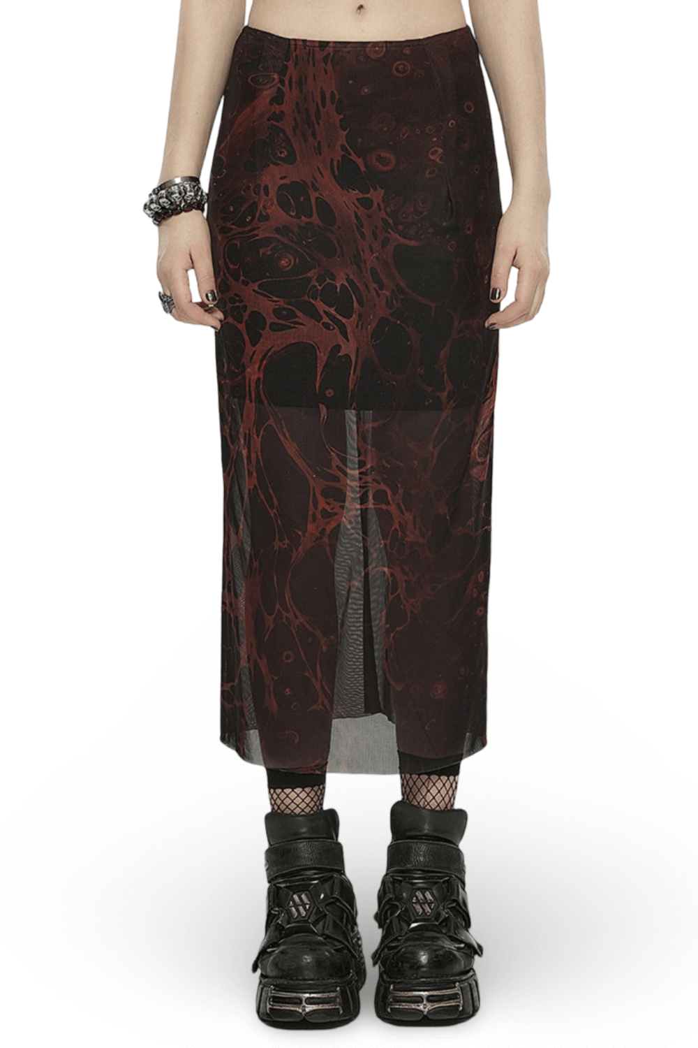 Punk Rave Gothic Lava Skirt - Irregular Printed Gauze Midi