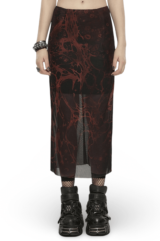 Punk Rave Gothic Lava Skirt - Irregular Printed Gauze Midi
