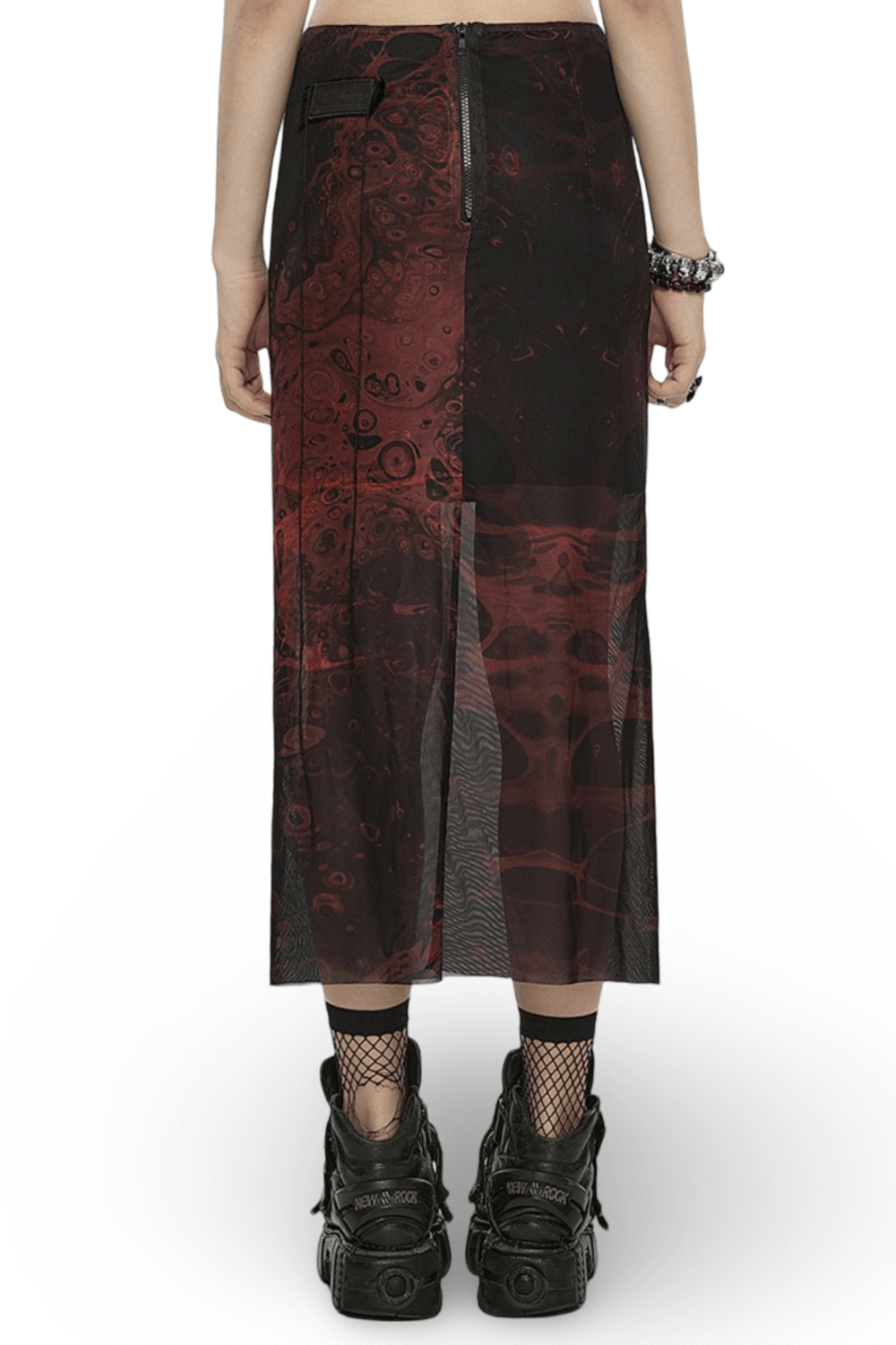 Punk Rave Gothic Lava Skirt - Irregular Printed Gauze Midi