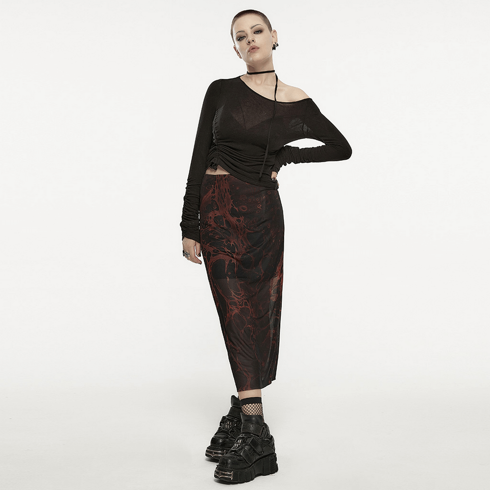 Punk Rave Gothic Lava Skirt - Irregular Printed Gauze Midi
