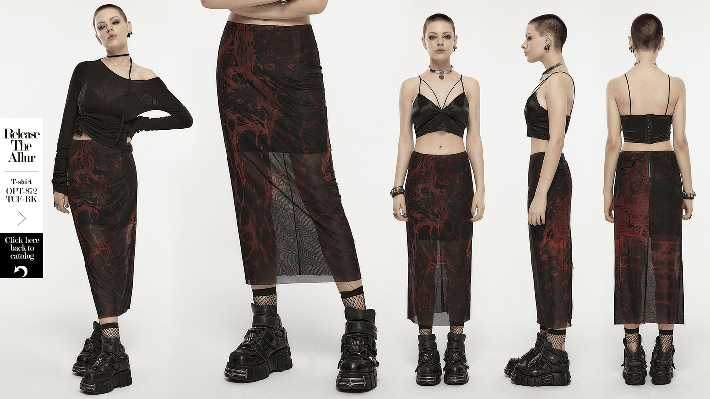 Punk Rave Gothic Lava Skirt - Irregular Printed Gauze Midi