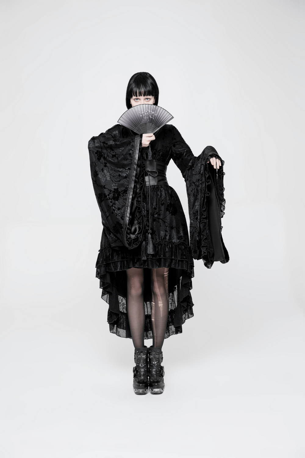 Punk Rave Gothic Lolita Flocking Lace Kimono Dress
