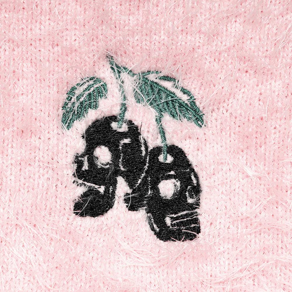 Punk Rave Pink Faux Fur Crop Sweater Cherry Skull Embroidery