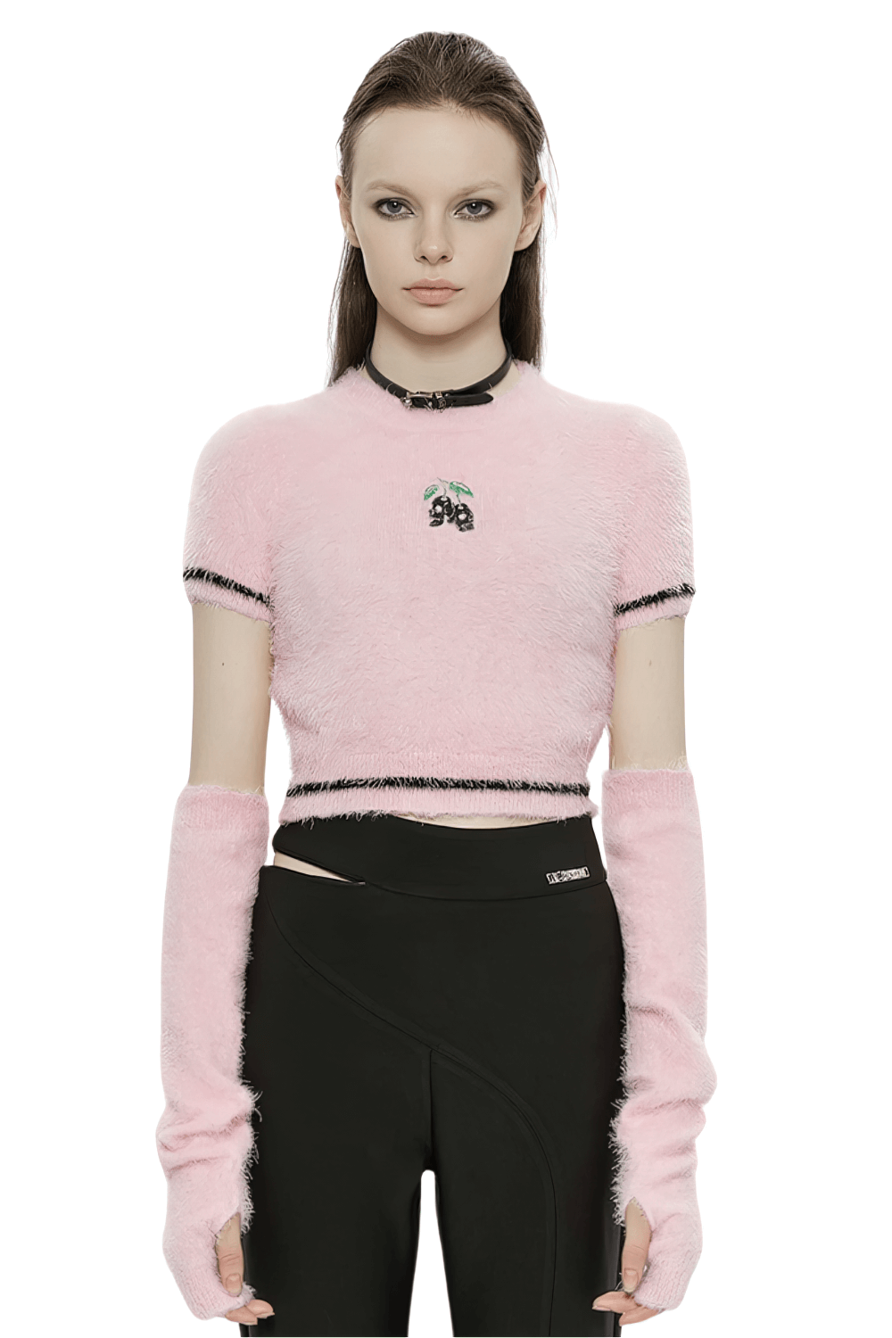 Punk Rave Pink Faux Fur Crop Sweater Cherry Skull Embroidery