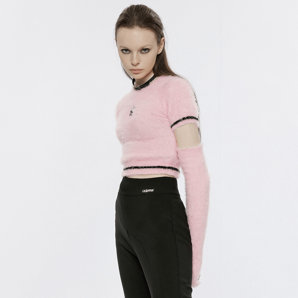 Punk Rave Pink Faux Fur Crop Sweater Cherry Skull Embroidery