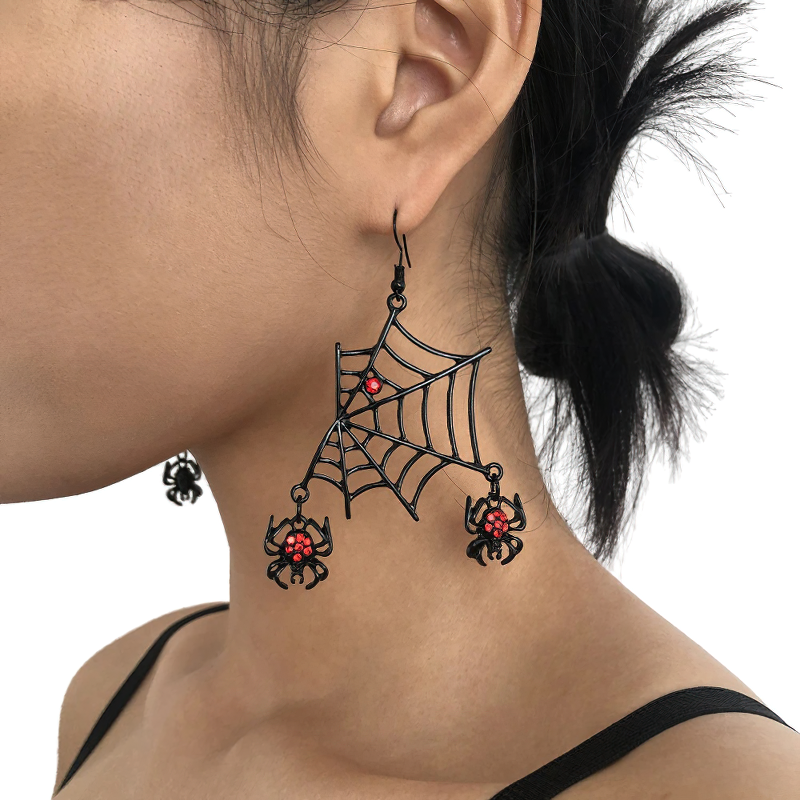 Punk Red Rhinestone Spider Earrings / Gothic Dangle Earrings / Fashion Accessories