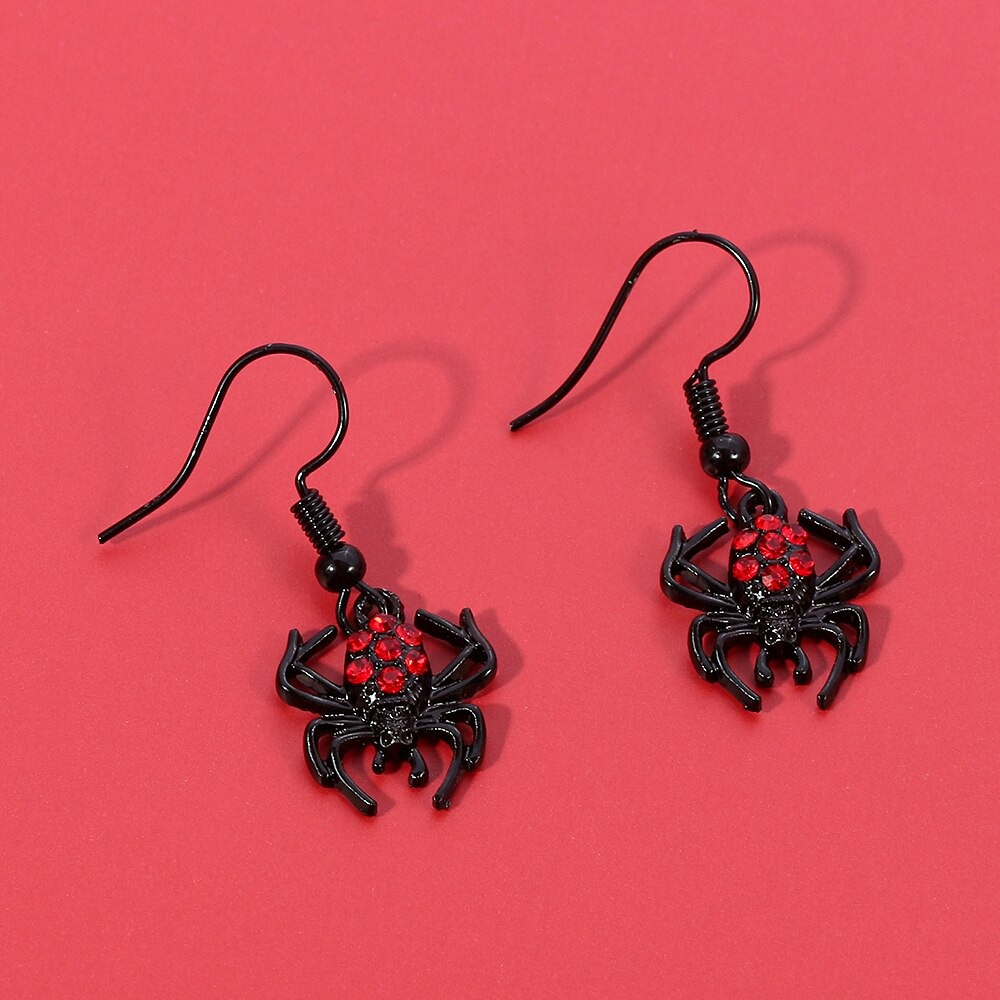 Punk Red Rhinestone Spider Earrings / Halloween Fashion Jewelry / Gothic Accessories