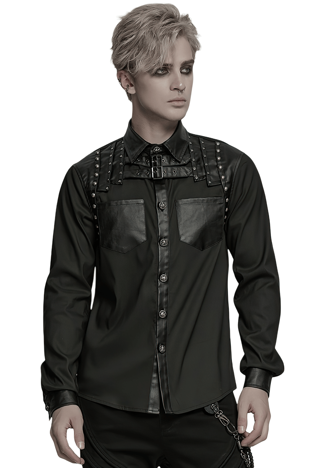 Punk Riveted Leather Patchwork Street Style Shirt