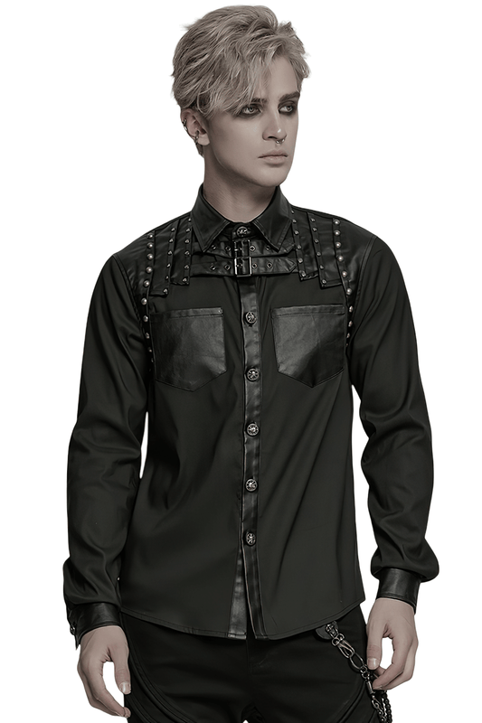 Punk Riveted Leather Patchwork Street Style Shirt