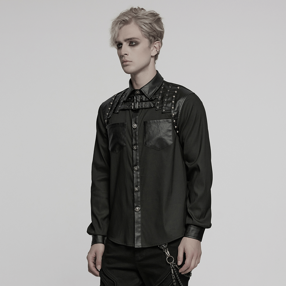 Punk Riveted Leather Patchwork Street Style Shirt