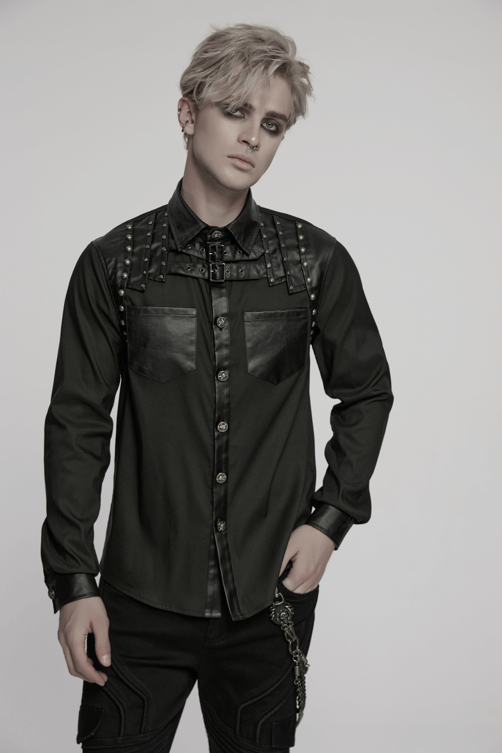 Punk Riveted Leather Patchwork Street Style Shirt