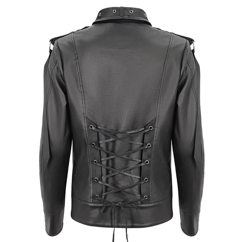 Punk Rivets Short Jacket for Men / Black Jacket with Webbing Straps on Front and Lace-up Back