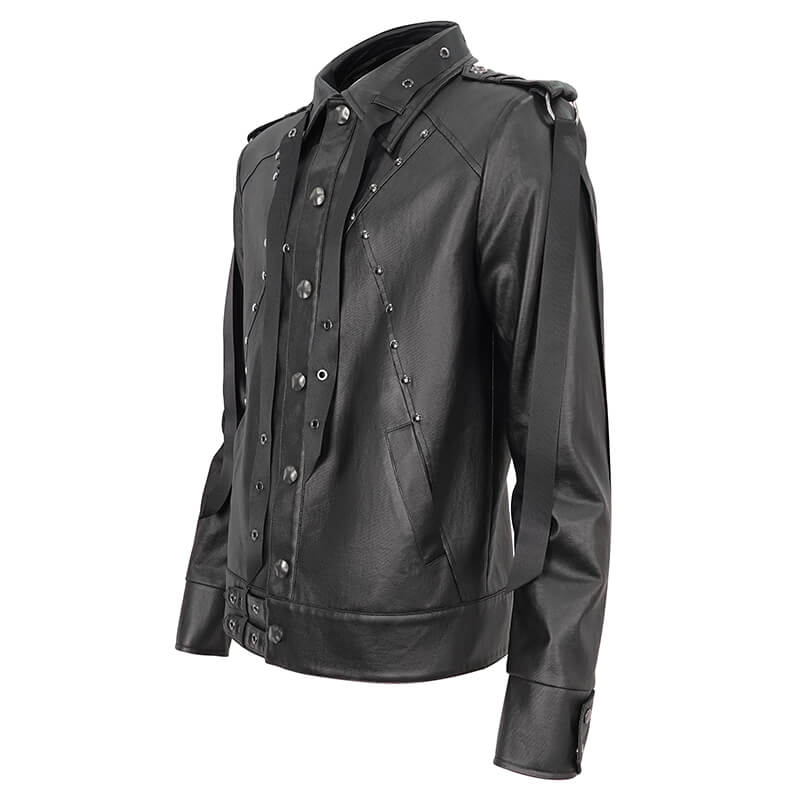 Punk Rivets Short Jacket for Men / Black Jacket with Webbing Straps on Front and Lace-up Back