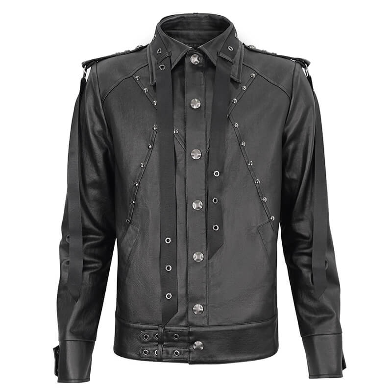 Punk Rivets Short Jacket for Men / Black Jacket with Webbing Straps on Front and Lace-up Back