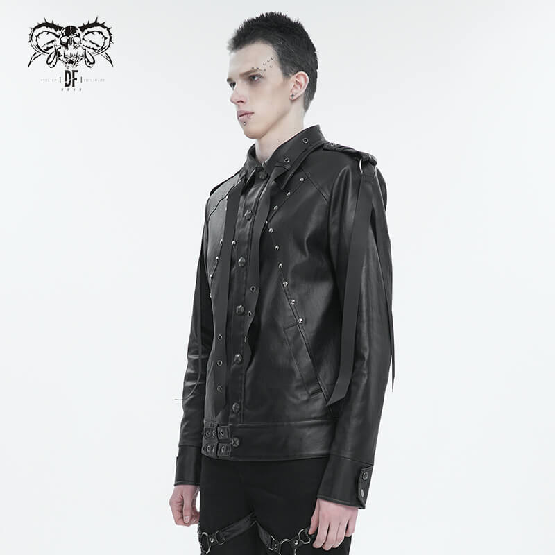 Punk Rivets Short Jacket for Men / Black Jacket with Webbing Straps on Front and Lace-up Back