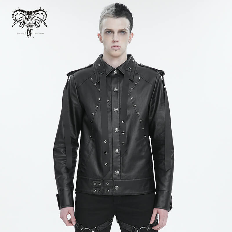 Punk Rivets Short Jacket for Men / Black Jacket with Webbing Straps on Front and Lace-up Back