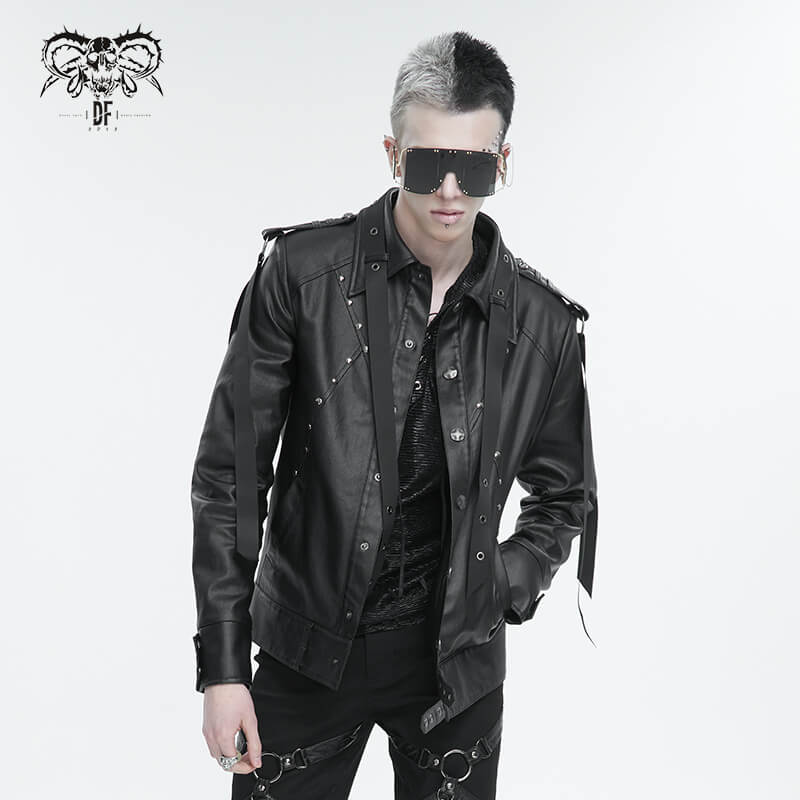 Punk Rivets Short Jacket for Men / Black Jacket with Webbing Straps on Front and Lace-up Back