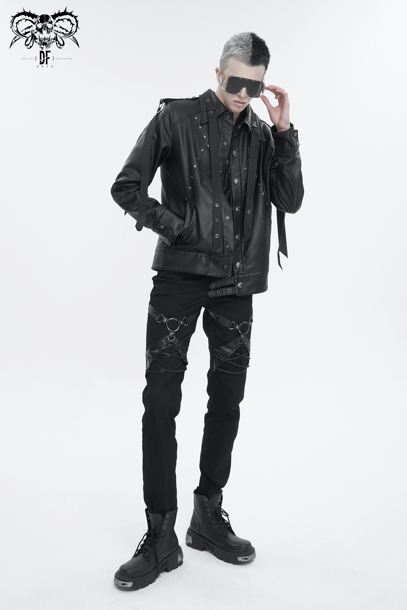 Punk Rivets Short Jacket for Men / Black Jacket with Webbing Straps on Front and Lace-up Back