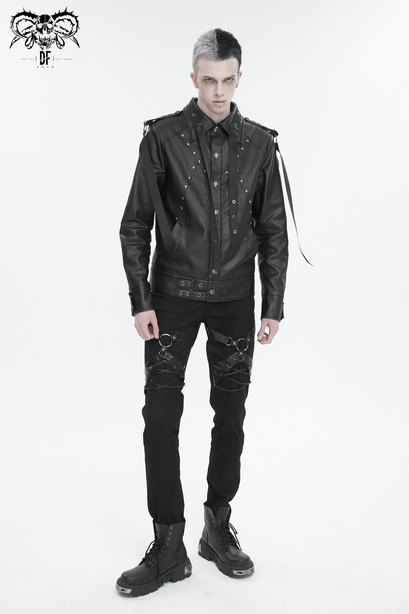 Punk Rivets Short Jacket for Men / Black Jacket with Webbing Straps on Front and Lace-up Back