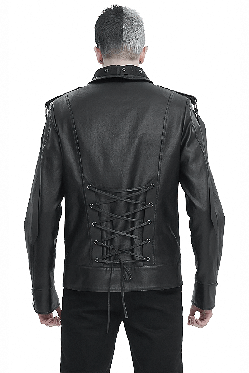Punk Rivets Short Jacket for Men / Black Jacket with Webbing Straps on Front and Lace-up Back