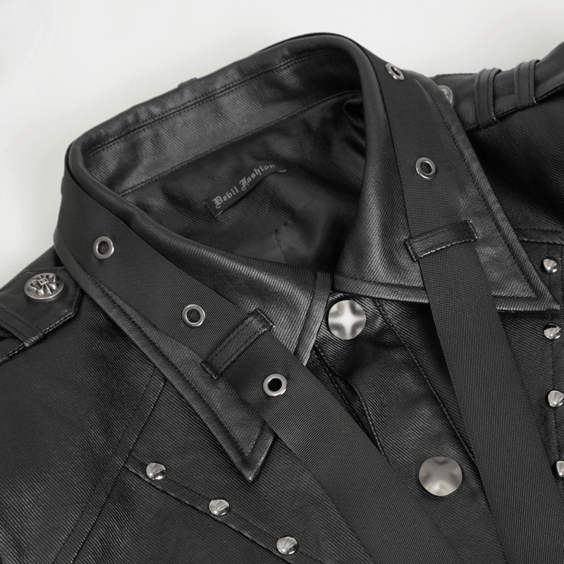 Punk Rivets Short Jacket for Men / Black Jacket with Webbing Straps on Front and Lace-up Back