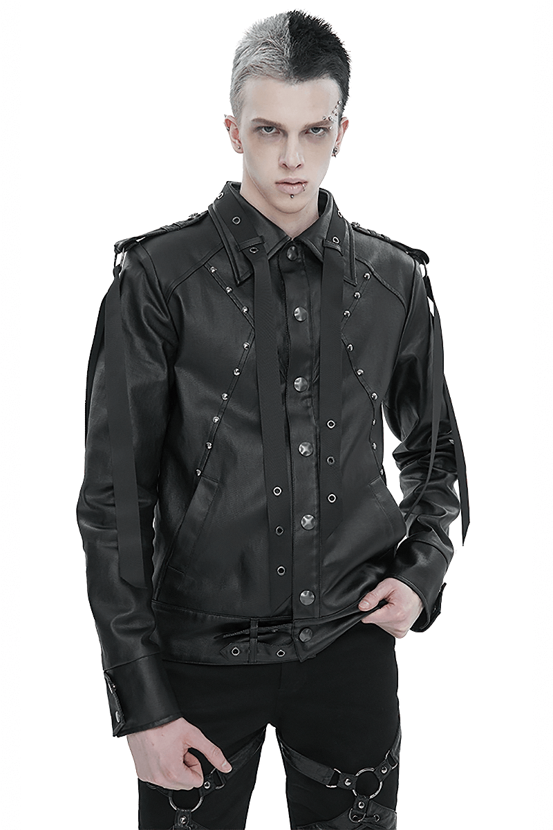 Punk Rivets Short Jacket for Men / Black Jacket with Webbing Straps on Front and Lace-up Back