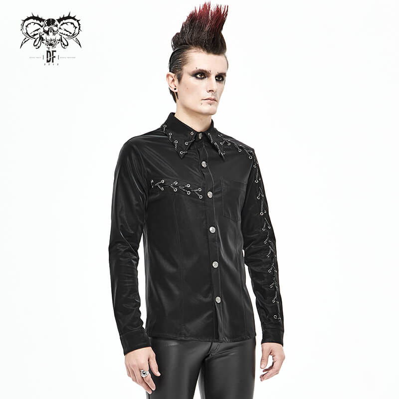 Punk Rock Back Long Sleeve Shirt For Men / Male Shiny Shirts with Chains