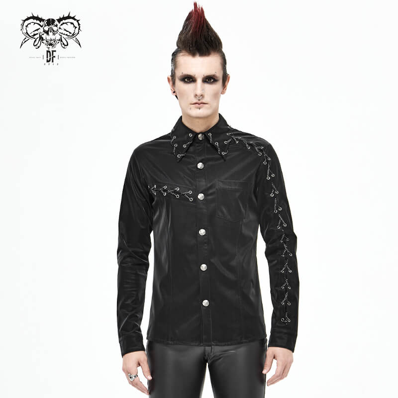 Punk Rock Back Long Sleeve Shirt For Men / Male Shiny Shirts with Chains