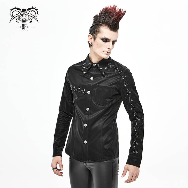 Punk Rock Back Long Sleeve Shirt For Men / Male Shiny Shirts with Chains