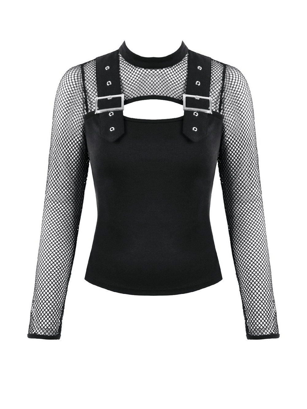 Punk Rock Black Fishnet Sleeved Top with Cutout and Straps