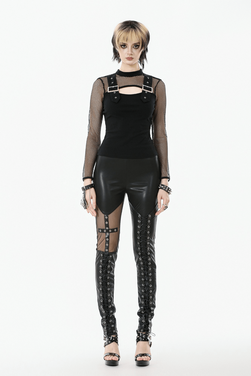 Punk Rock Black Fishnet Sleeved Top with Cutout and Straps
