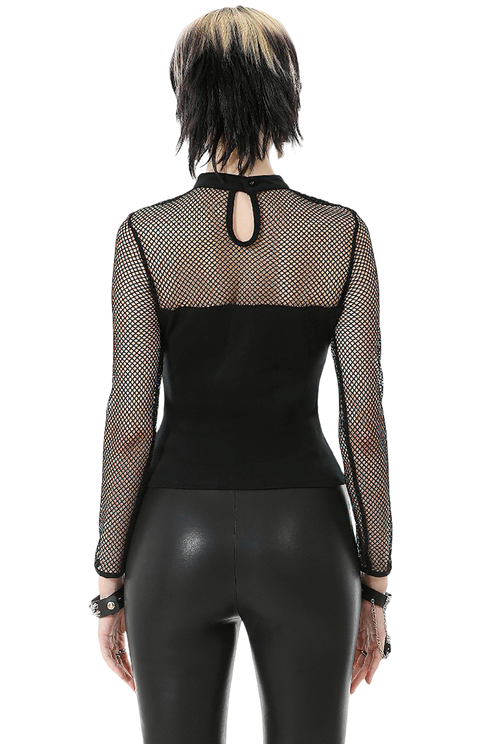 Punk Rock Black Fishnet Sleeved Top with Cutout and Straps