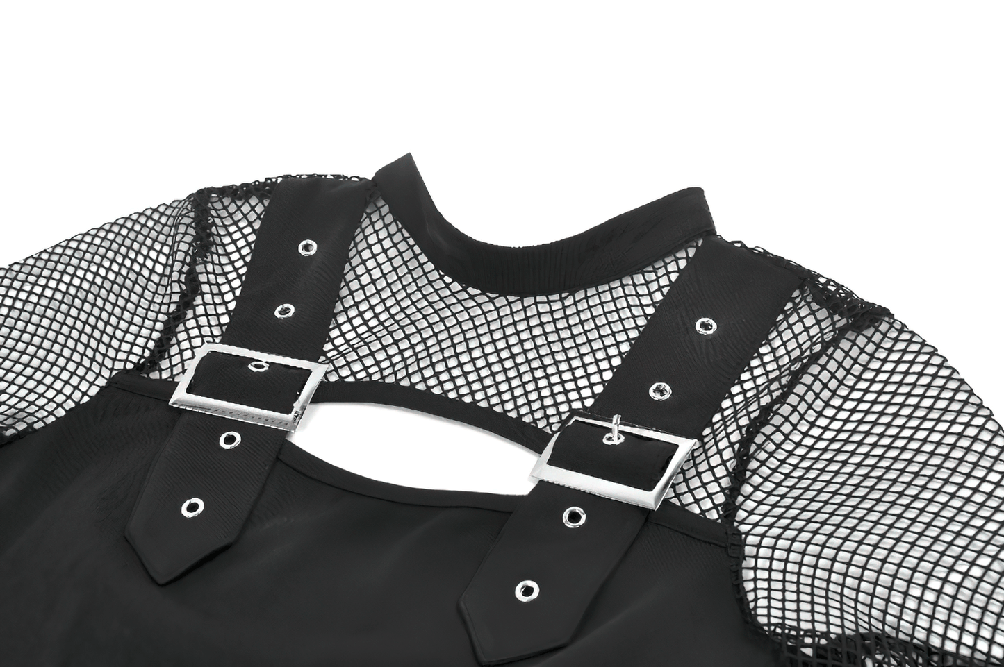 Punk Rock Black Fishnet Sleeved Top with Cutout and Straps