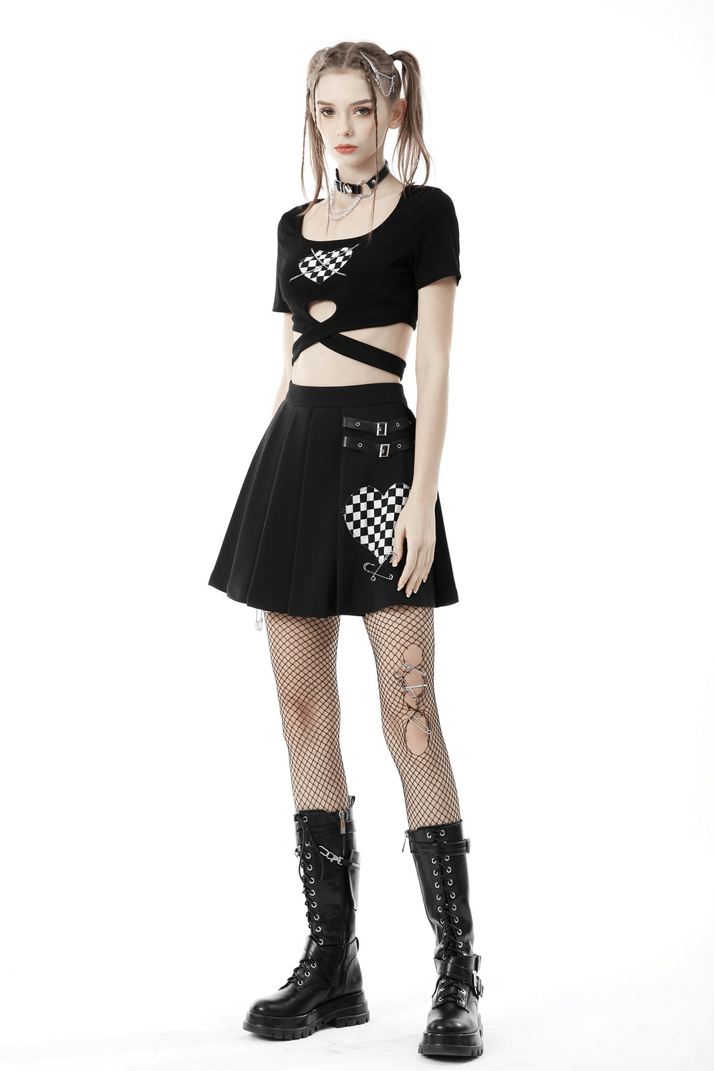 Punk Rock Black Heart Checkered Crop Top with Cross Waist