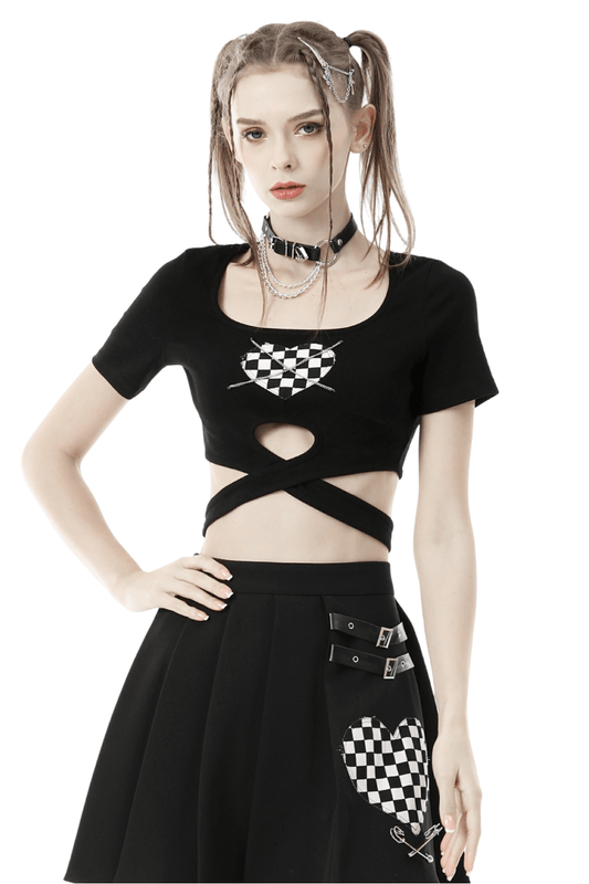 Punk Rock Black Heart Checkered Crop Top with Cross Waist