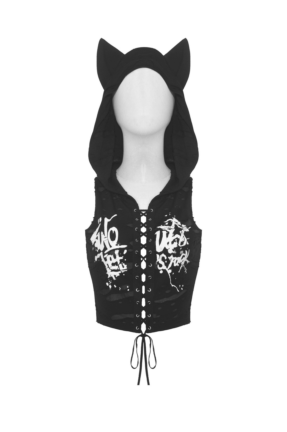 Punk Rock Black Lace-Up Cat Ear Crop Top - Unique Style