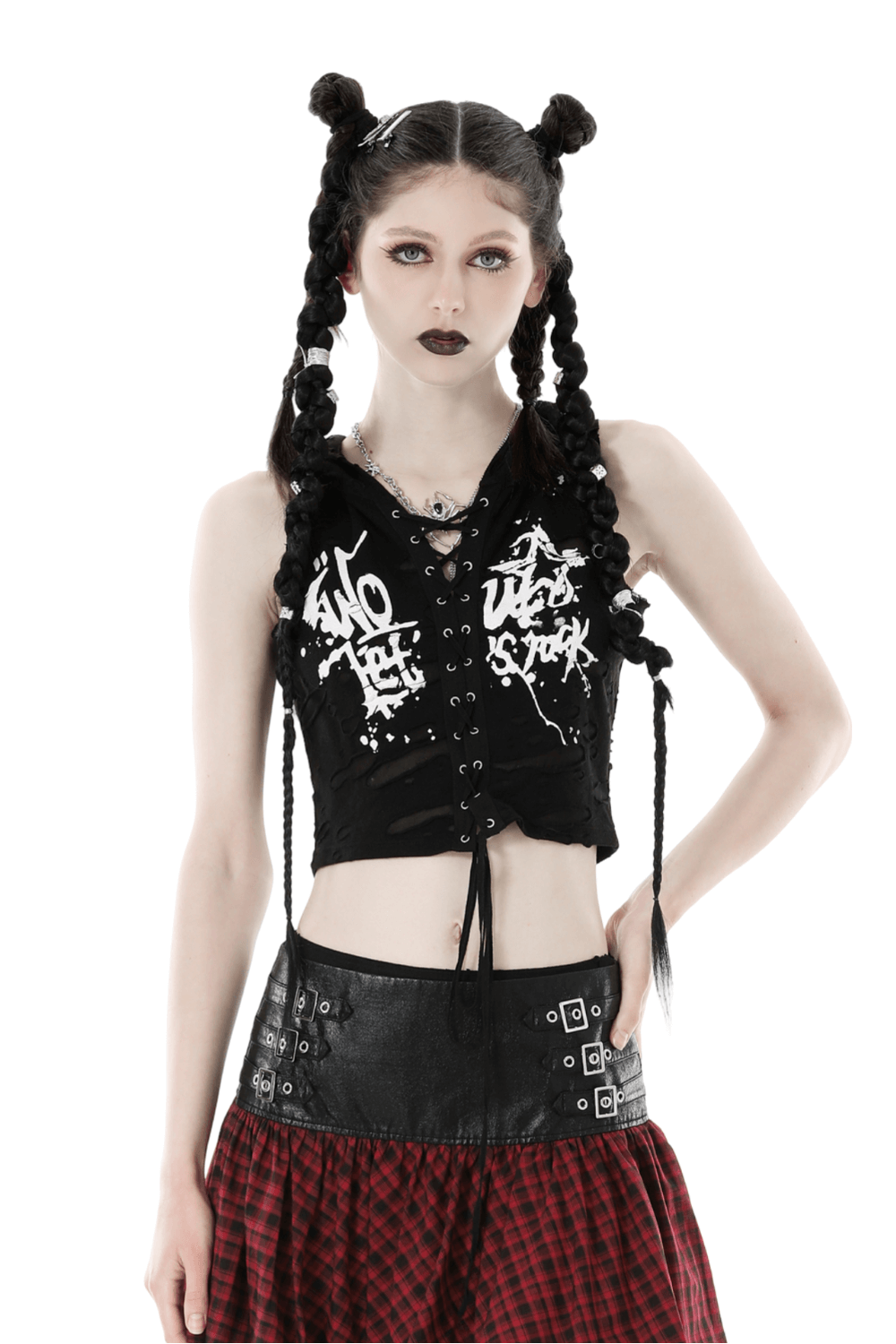 Punk Rock Black Lace-Up Cat Ear Crop Top - Unique Style