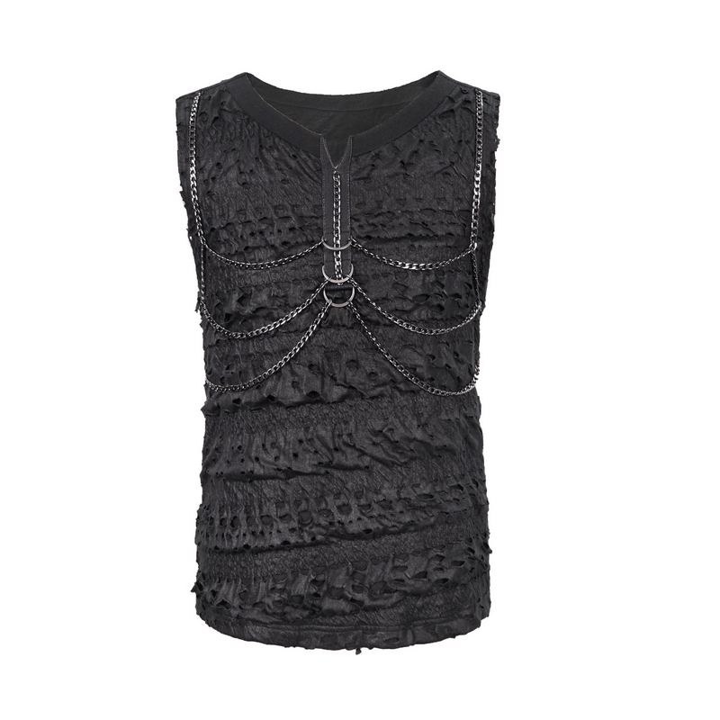 Punk Rock Chain Sleeveless Tank Tops / Black Men's Top with Broken Holes