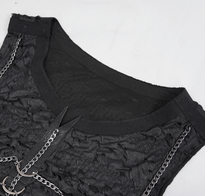 Punk Rock Chain Sleeveless Tank Tops / Black Men's Top with Broken Holes