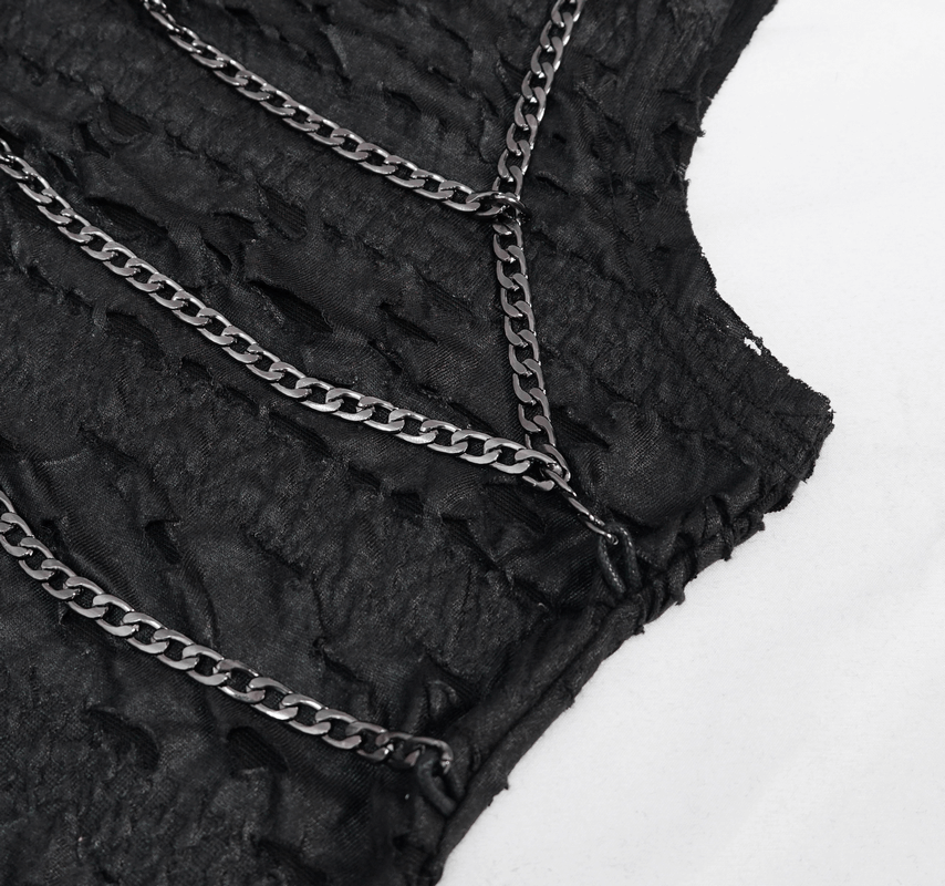 Punk Rock Chain Sleeveless Tank Tops / Black Men's Top with Broken Holes