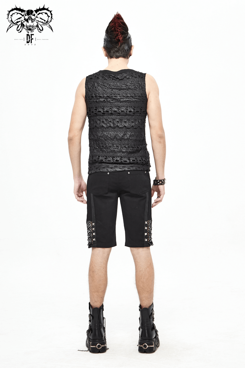 Punk Rock Chain Sleeveless Tank Tops / Black Men's Top with Broken Holes