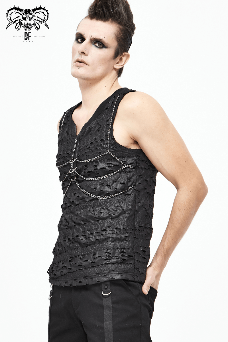 Punk Rock Chain Sleeveless Tank Tops / Black Men's Top with Broken Holes